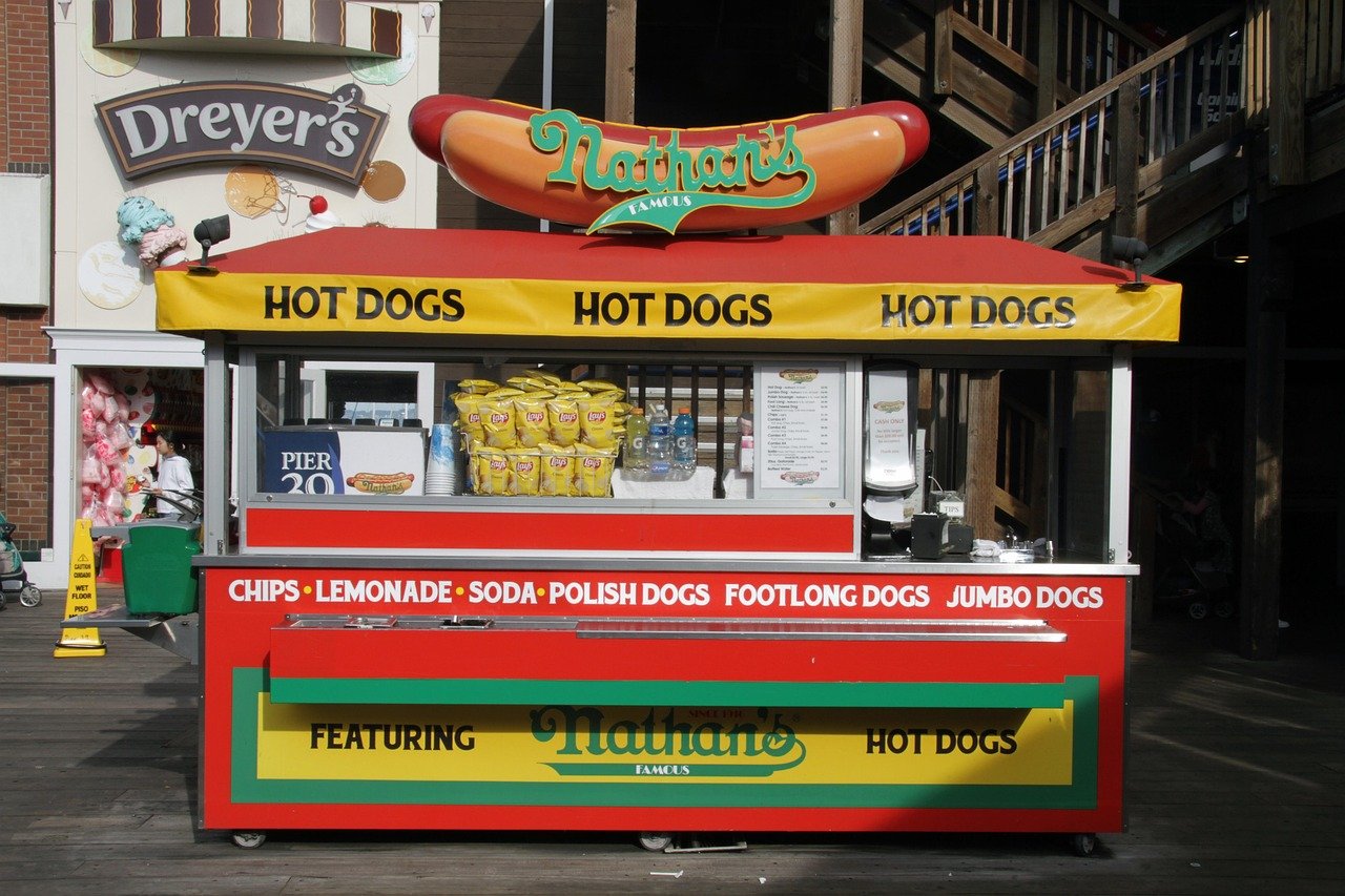 hot dog, stall, food, pier 39, san francisco, landmark, hot dog, hot dog, hot dog, hot dog, hot dog