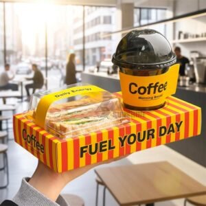 Eco Friendly Custom Logo Coffee Cup & Sandwich Box Set Paper Tray for Café Breakfast Egg Toast Takeaway Packaging