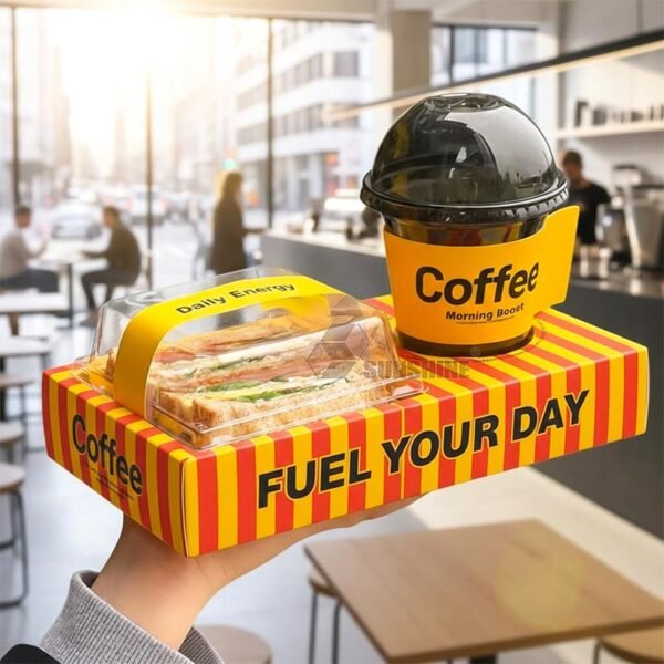 Eco Friendly Custom Logo Coffee Cup & Sandwich Box Set Paper Tray for Café Breakfast Egg Toast Takeaway Packaging